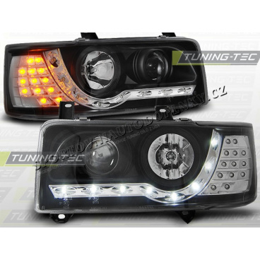 VW T4 1990-03 TRANSPORTER PŘEDNÍ ČÍRÁ SVĚTLA DAYLIGHT LED BLACK LED INDICATION