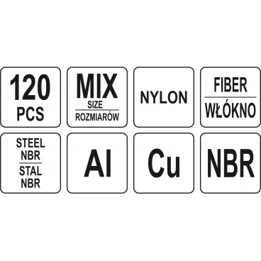 Podložky (Alu, Cu, Nylon, NBR, FIBER) sada 120ks