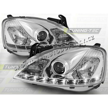 OPEL CORSA C 2000-06 PŘEDNÍ ČÍRÁ SVĚTLA DAYLIGHT LED CHROME