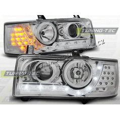 VW T4 1990-03 TRANSPORTER PŘEDNÍ ČÍRÁ SVĚTLA DAYLIGHT LED CHROME LED INDICATION