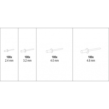 Nýt hliníkový sada 400ks (2,4, 3,2, 4,0, 4,8mm)