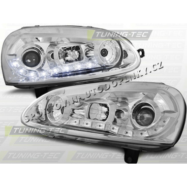 VW GOLF V 2003-09 PŘEDNÍ ČÍRÁ SVĚTLA DAYLIGHT LED CHROME