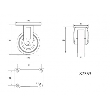 Kolečko pevné, gumové  45kg 100/26/134mm